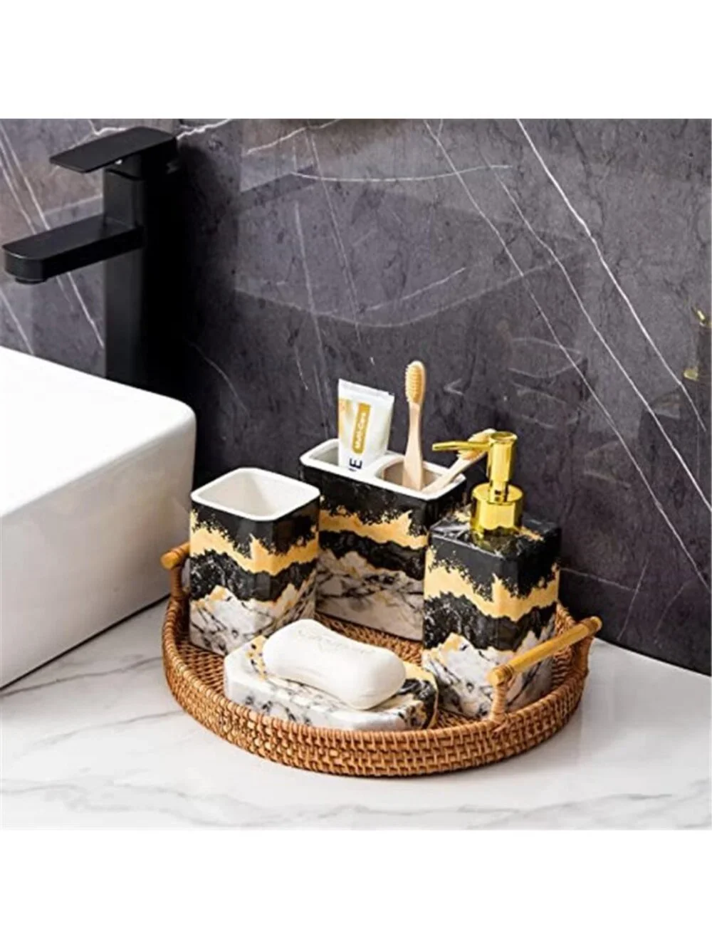 Bathroom Accessories Set Ceramic Marble Black White Soap Dispenser Toothbrush